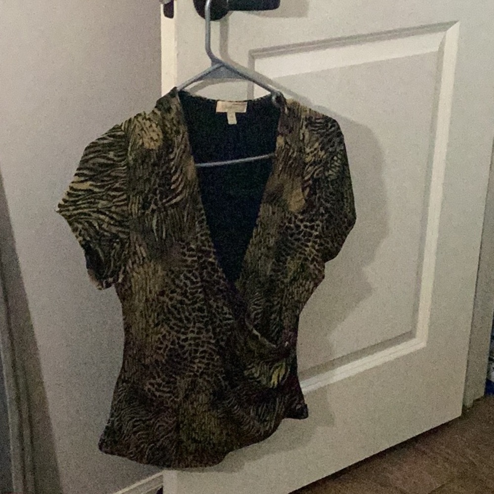 Choices Gold Tan Wrap Blouse Short Sleeve